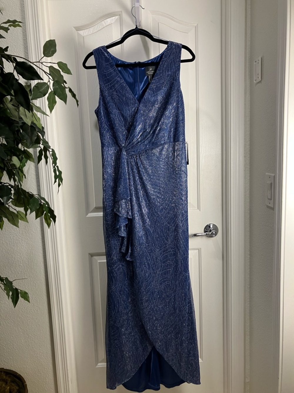Adrianna Papell Metallic Mesh Faux Wrap Maxi Dress w Twist Front, 12, Navy